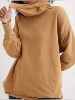 AERIE Tan Oversized Fleece Turtleneck Sweatshirt